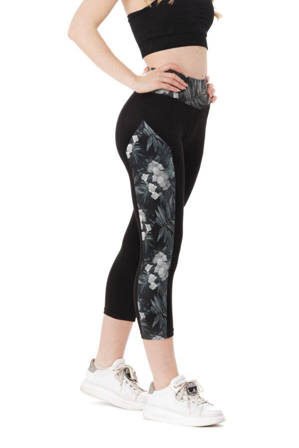 Črne capri pajkice Dark Flory s stranskim vzorcem rož