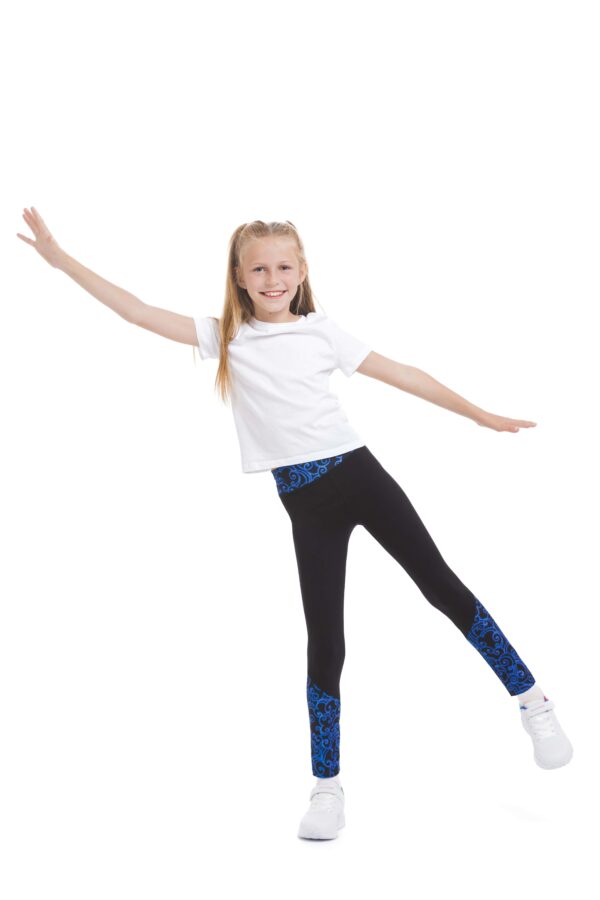 BAILARINA-KIDS-2 – Lanuma Temne otroške pajkice Bailarina kids z risanim živo modrim vzorčkom na dnu hlačnic in na pasu
