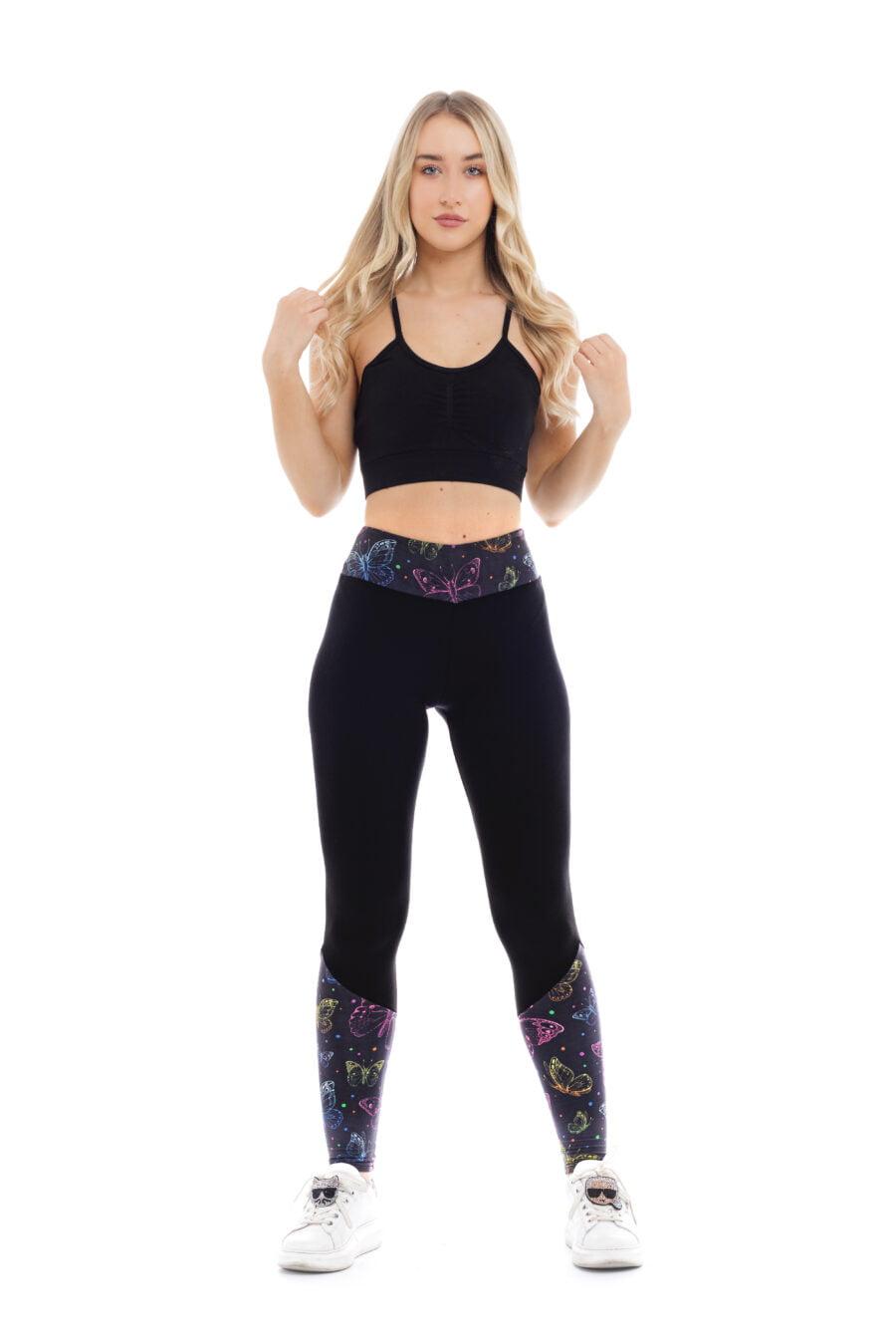 Temne dolge pajkice Mariposa s pisanim vzorčkom metuljčkov na dnu hlačnic za odrasle