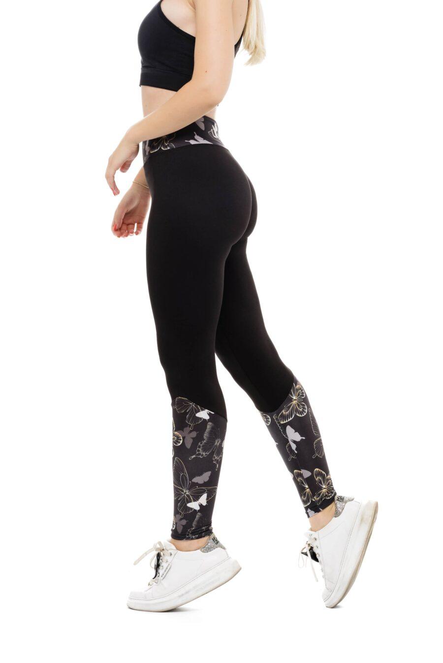 Temne dolge pajkice Gold Mariposa z vzorčkom metuljčkov na dnu hlačnic in pasu za odrasle