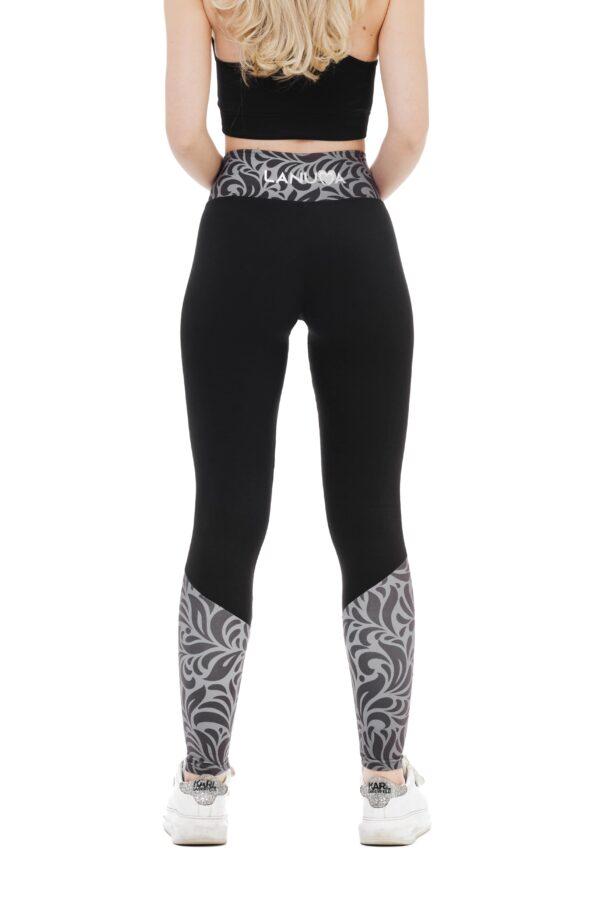 Temne dolge pajkice Mallas z risanim srebrnim vzorčkom na hlačnicah in na pasu za odrasle