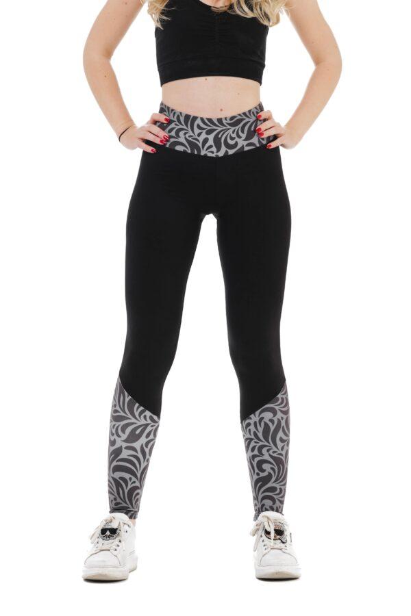 Temne dolge pajkice Mallas z risanim srebrnim vzorčkom na hlačnicah in na pasu za odrasle