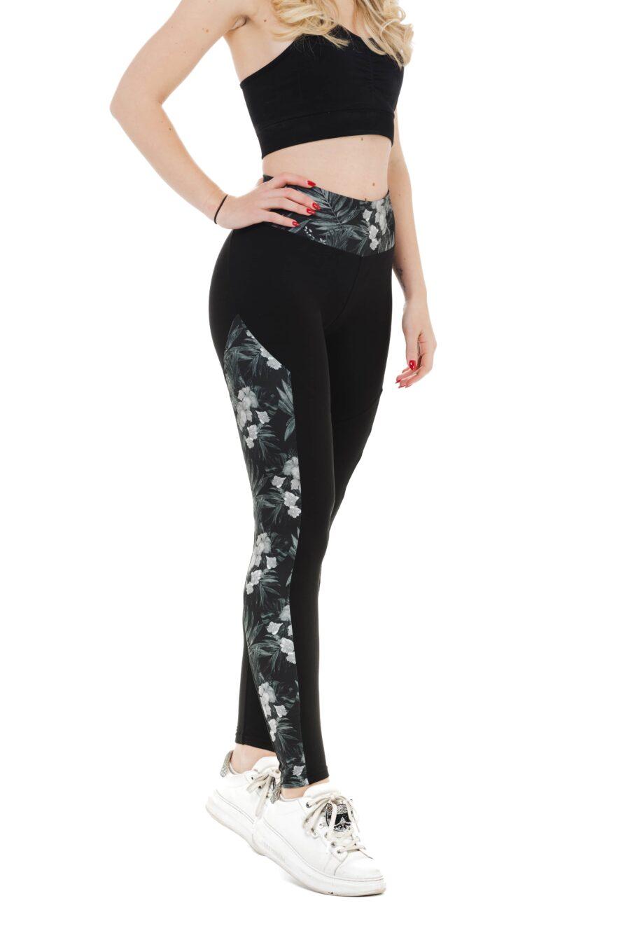 Črne dolge pajkice Dark Flory s stranskim vzorcem rož