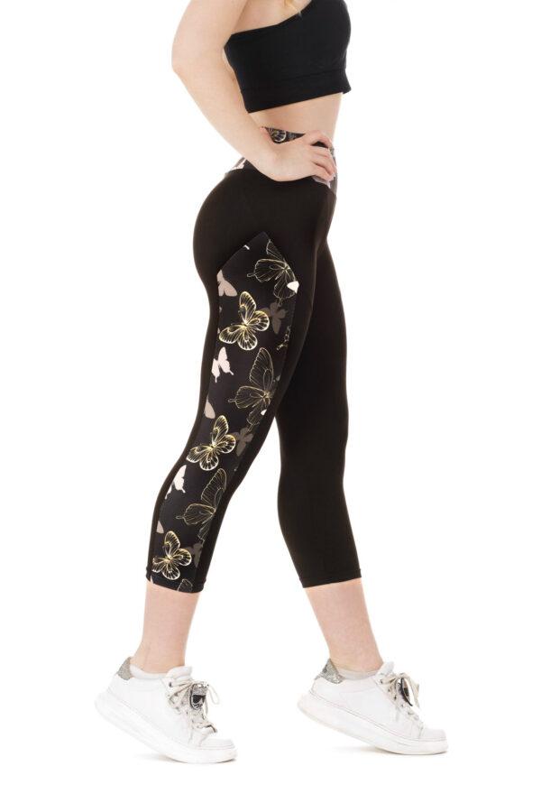 Črne capri pajkice Gold Mariposy z vzorčkom metuljev