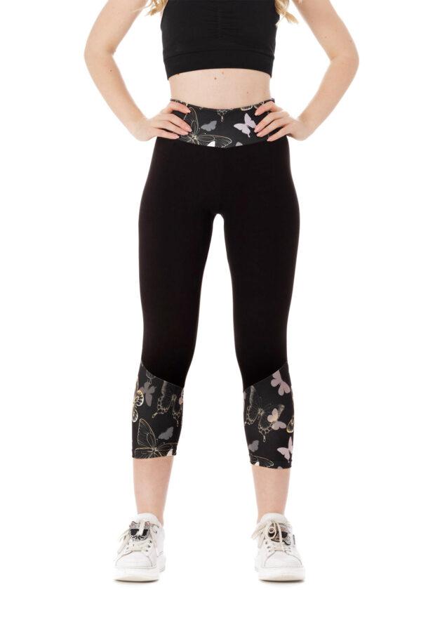 gold-mariposa-capri-1-1 – Lanuma Temne capri pajkice Gold Mariposa z vzorčkom metuljčkov na dnu hlačnic in pasu za odrasle