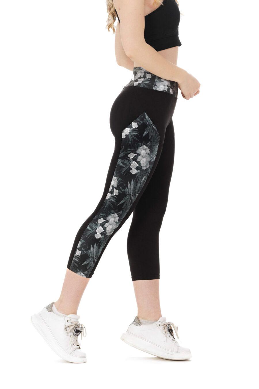 Črne capri pajkice Dark Flory s stranskim vzorcem rož