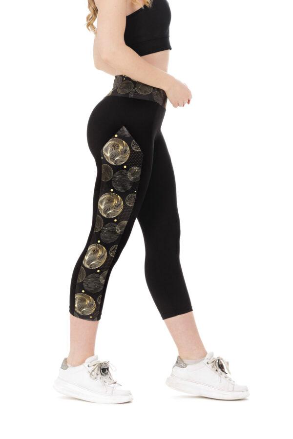 Črne capri pajkice Crystaly s stranskim zlatim krožnim vzorcem