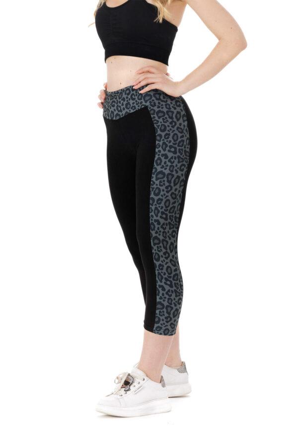 Črne capri pajkice Bella s stranskim sivim leopardjim vzorcem