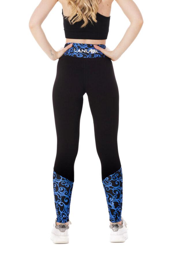 Temne dolge pajkice Bailarina z risanim živo modrim vzorčkom na dnu hlačnic in na pasu za odrasle