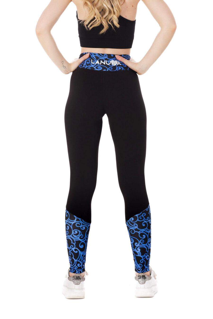 Temne dolge pajkice Bailarina z risanim živo modrim vzorčkom na dnu hlačnic in na pasu za odrasle