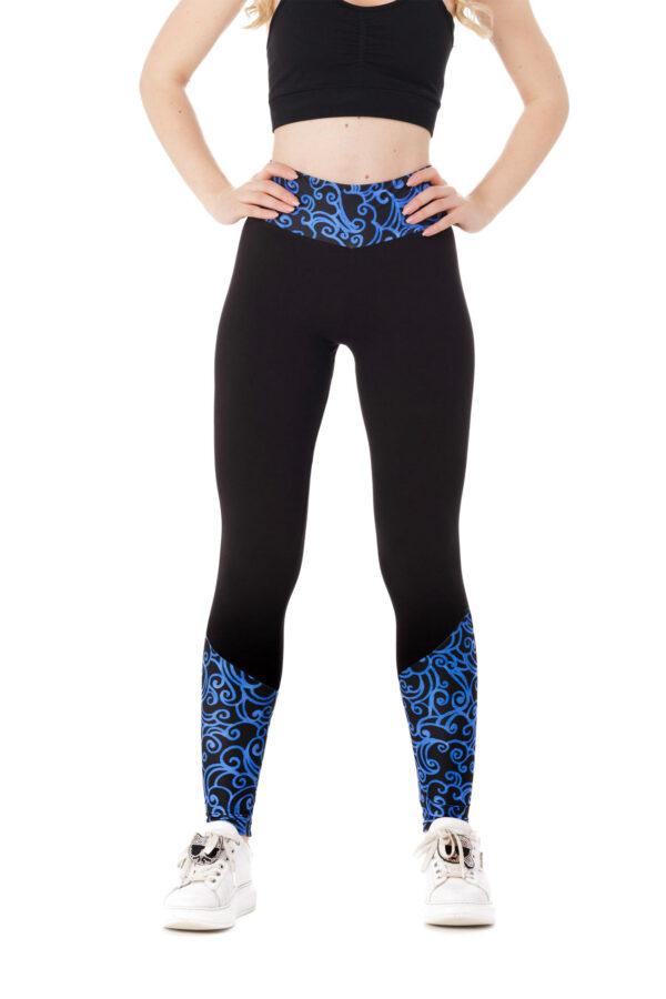 Temne dolge pajkice Bailarina z risanim živo modrim vzorčkom na dnu hlačnic in na pasu za odrasle