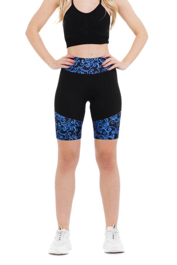 Temne kratke pajkice Bailarina z risanim živo modrim vzorčkom na dnu hlačnic in na pasu za odrasle