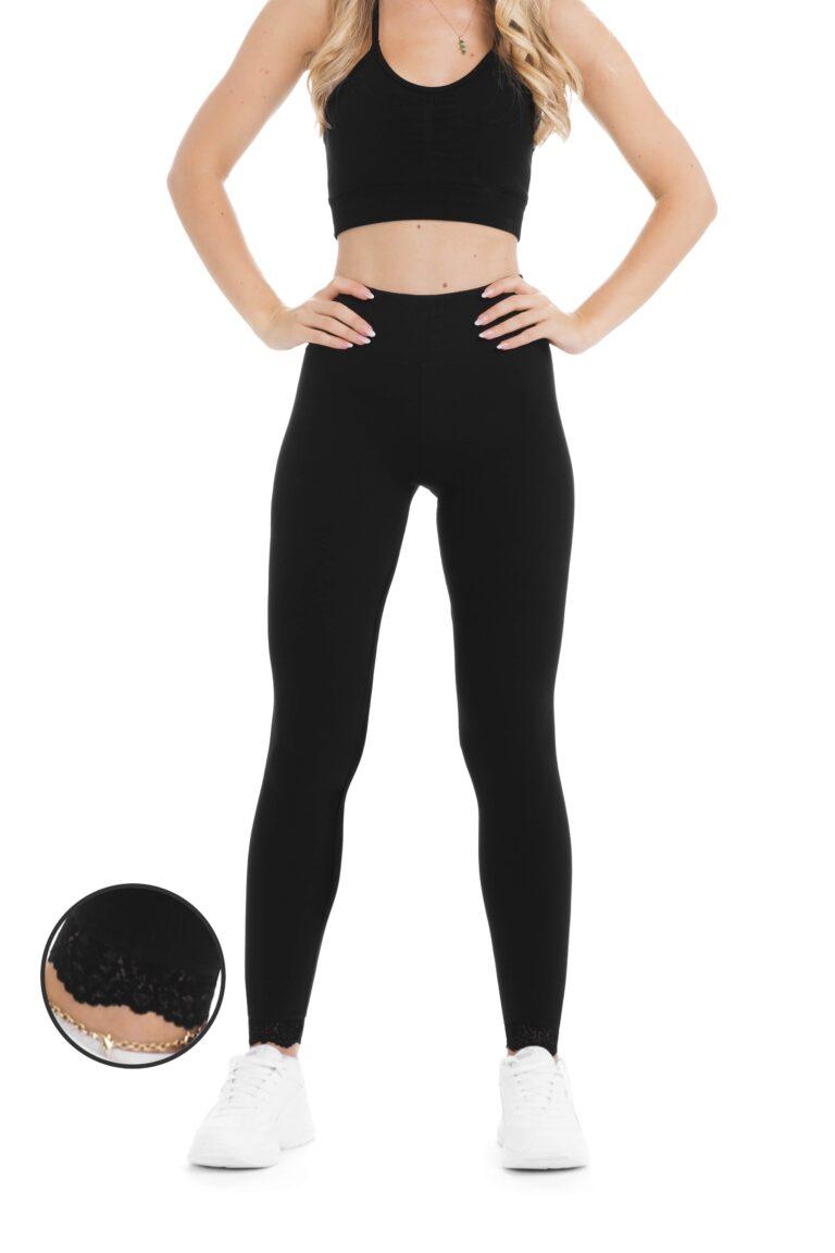 Črne dolge pajkice Unica s čipko na hlačnicah