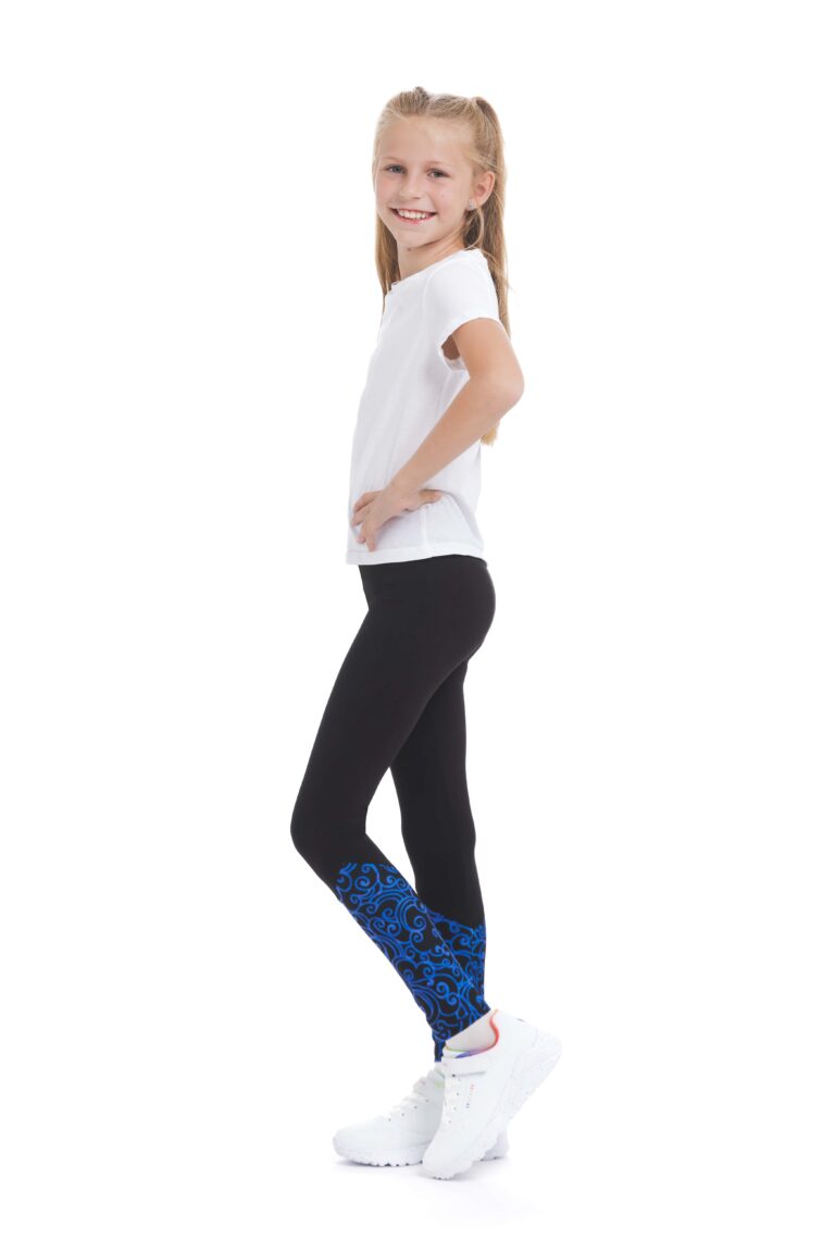 Črne dolge pajkice Bailarina kids z abstraktnim živo modrim vzorčkom na dnu hlačnic in na pasu za otroke