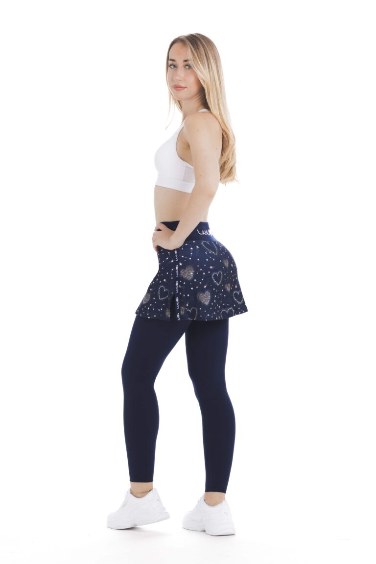 Skort cantea - modro krilo z dolgimi všitimi pajkicami z vzorcem srčkov