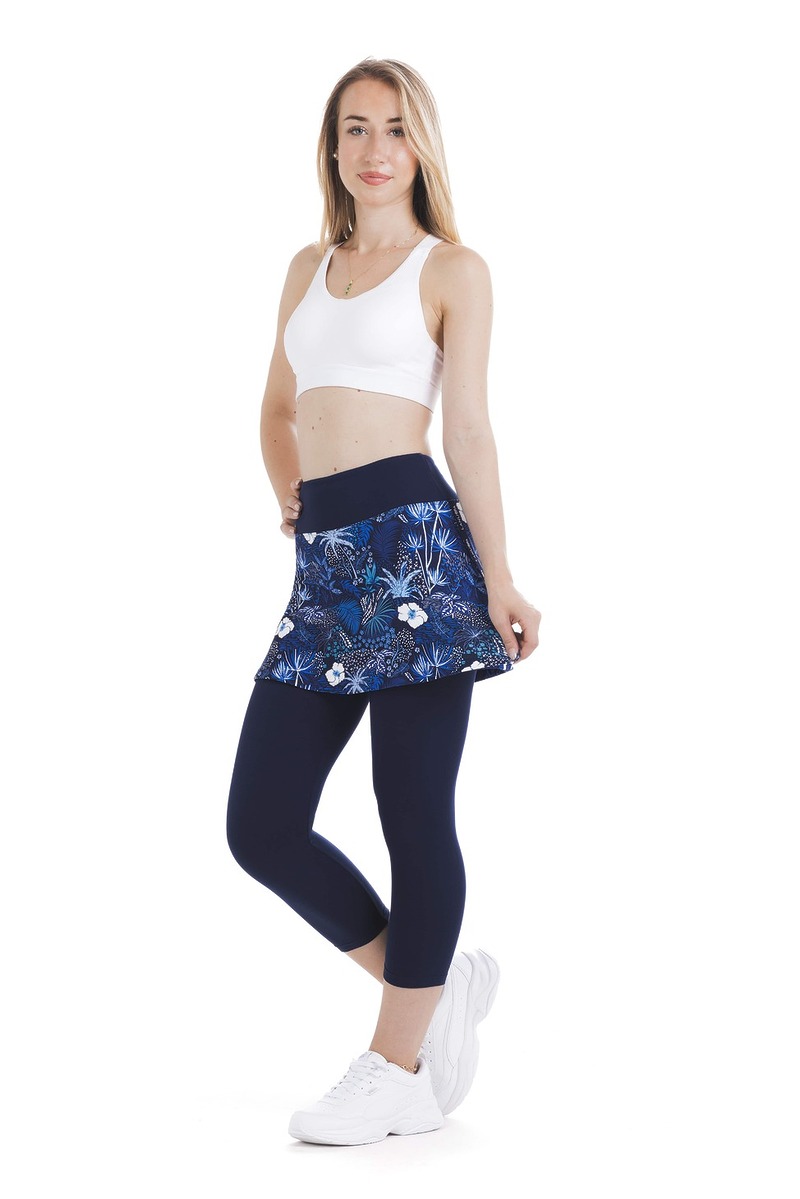 Skort Unicos - krilo z všitimi modrimi capri pajkicami in z vzorcem rož