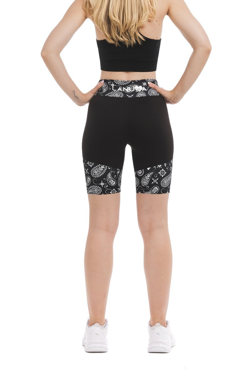 Črne kratke pajkice Vivace z visokim pasom in belim paisley vzorcem na dnu hlačnic in na pasu