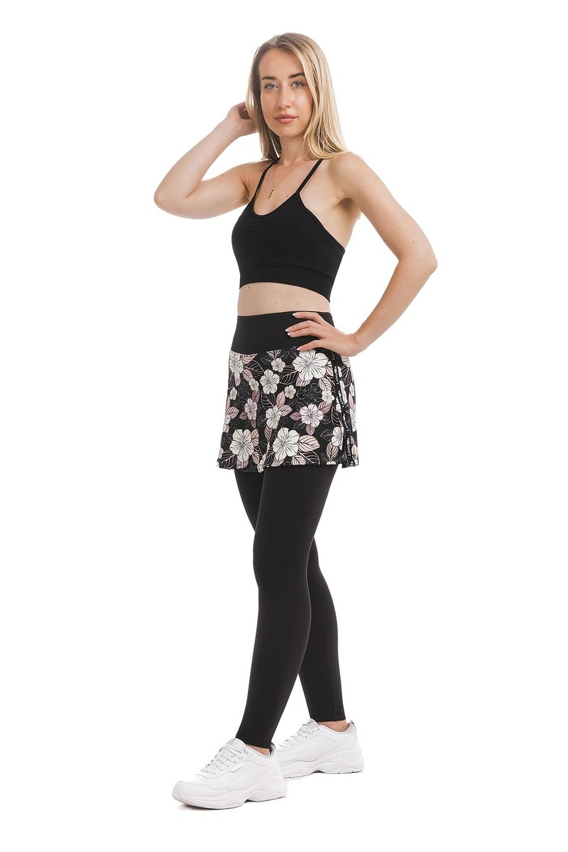 Skort Carita – krilo z dolgimi všitimi pajkicami s cvetličnim vzorcem v črni, beli in nežno roza barvi