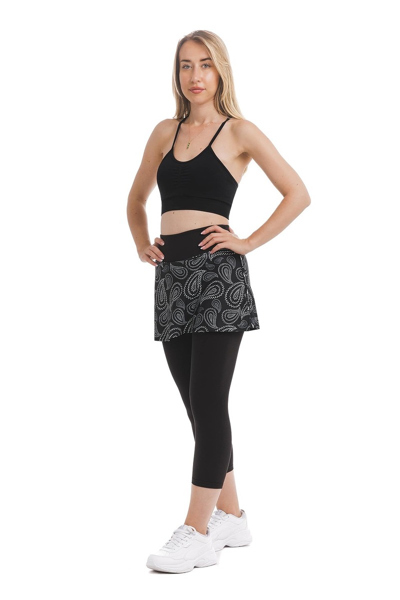 Skort Clara – krilo s capri všitimi pajkicami in črno-belim vzorcem v stilu paisley kapljic