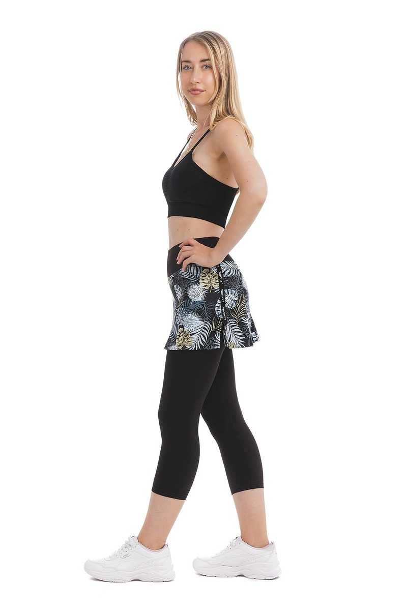 Skort Linda – krilo s capri všitimi pajkicami in listnatim vzorcem v beli, rumeni in sivi barvi