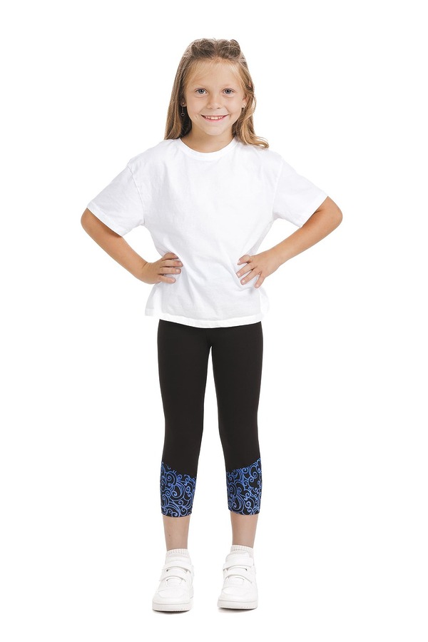 Črne capri pajkice Bailarina kids z abstraktnim živo modrim vzorčkom na dnu hlačnic in na pasu za otroke Črne capri pajkice Bailarina kids z abstraktnim živo modrim vzorčkom na dnu hlačnic in na pasu za otroke