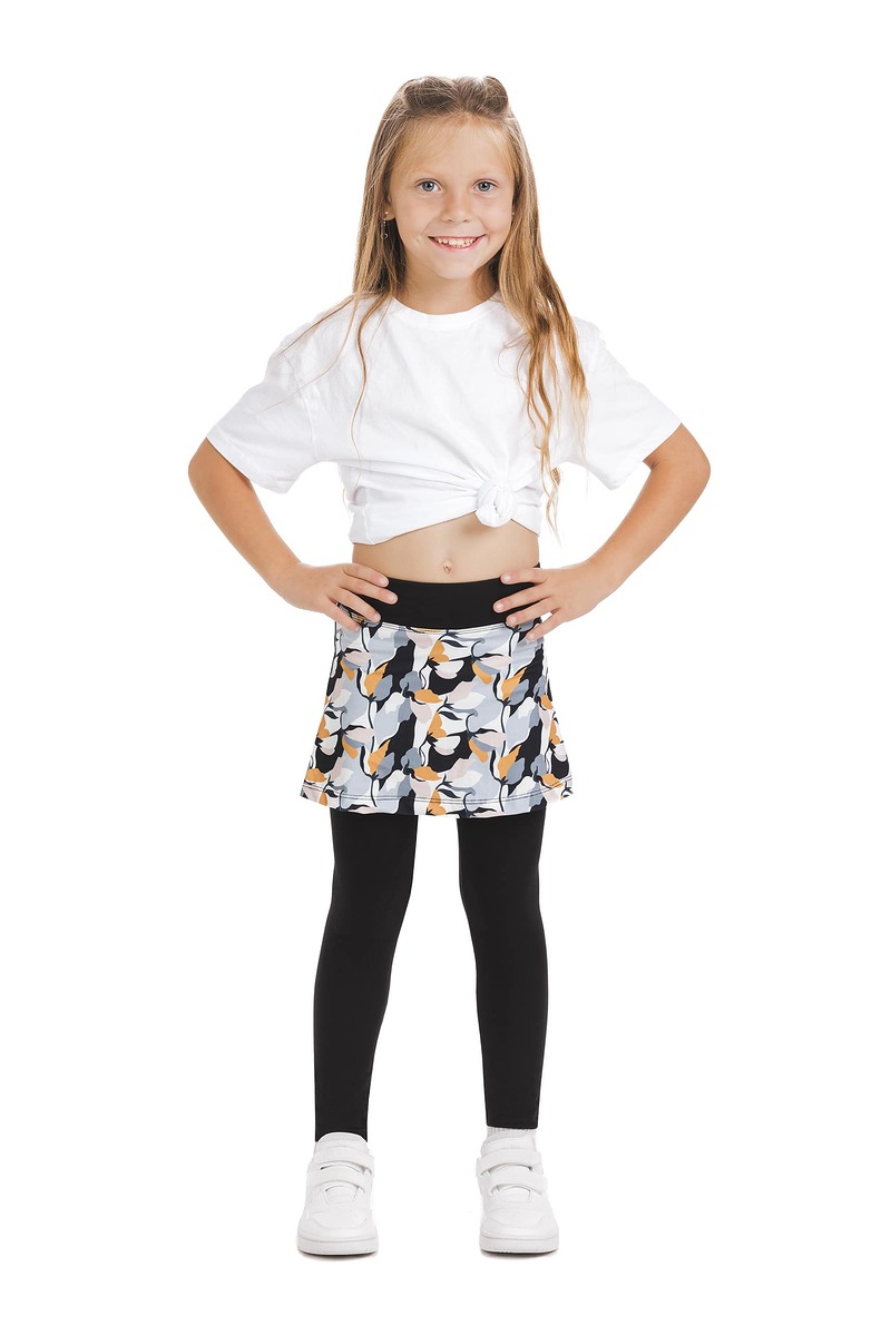 Skort Besa kids - krilo z dolgimi všitimi pajkicami z abstraktnim vzorčkom v črni, sivi in oranžni barvi