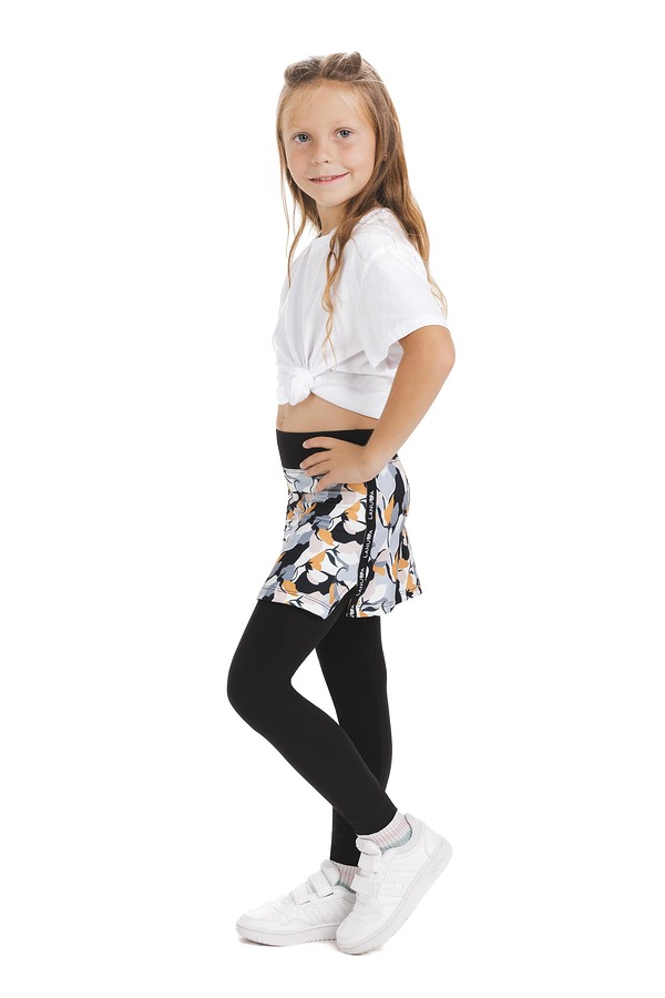 Skort Besa kids - krilo z dolgimi všitimi pajkicami z abstraktnim vzorčkom v črni, sivi in oranžni barvi