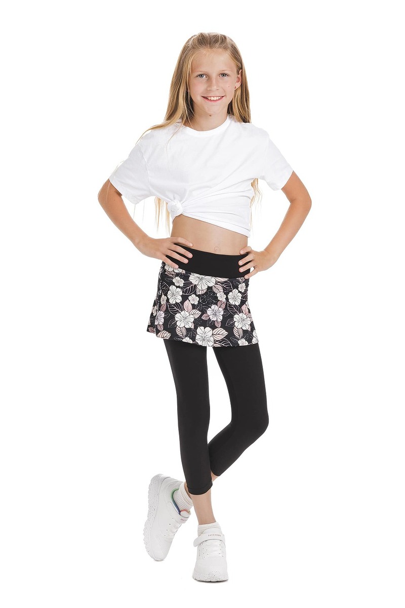 Skort Carita kids – krilo s capri všitimi pajkicami s cvetličnim vzorcem v črni, beli in nežno roza barvi