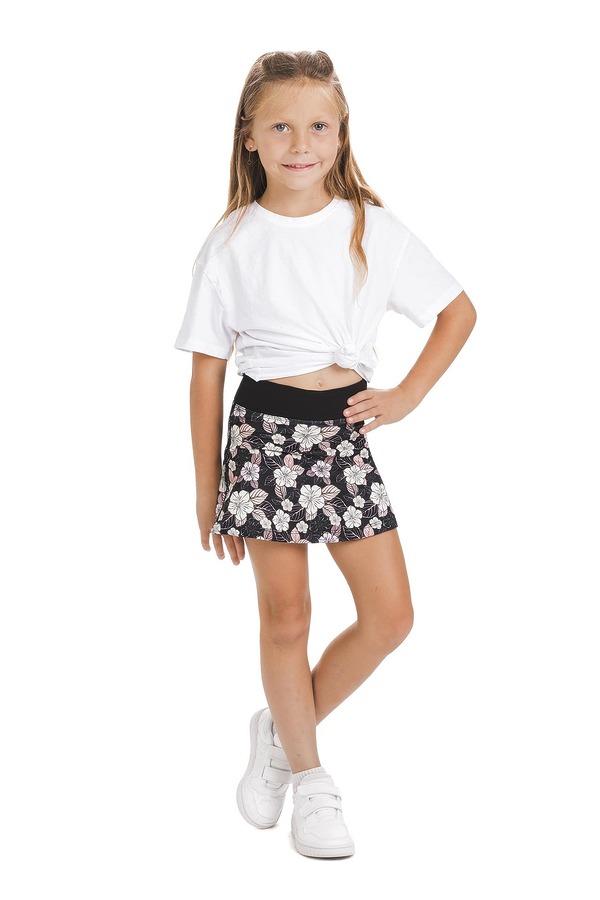 Skort Carita kids – krilo s kratkimi všitimi pajkicami s cvetličnim vzorcem v črni, beli in nežno roza barvi