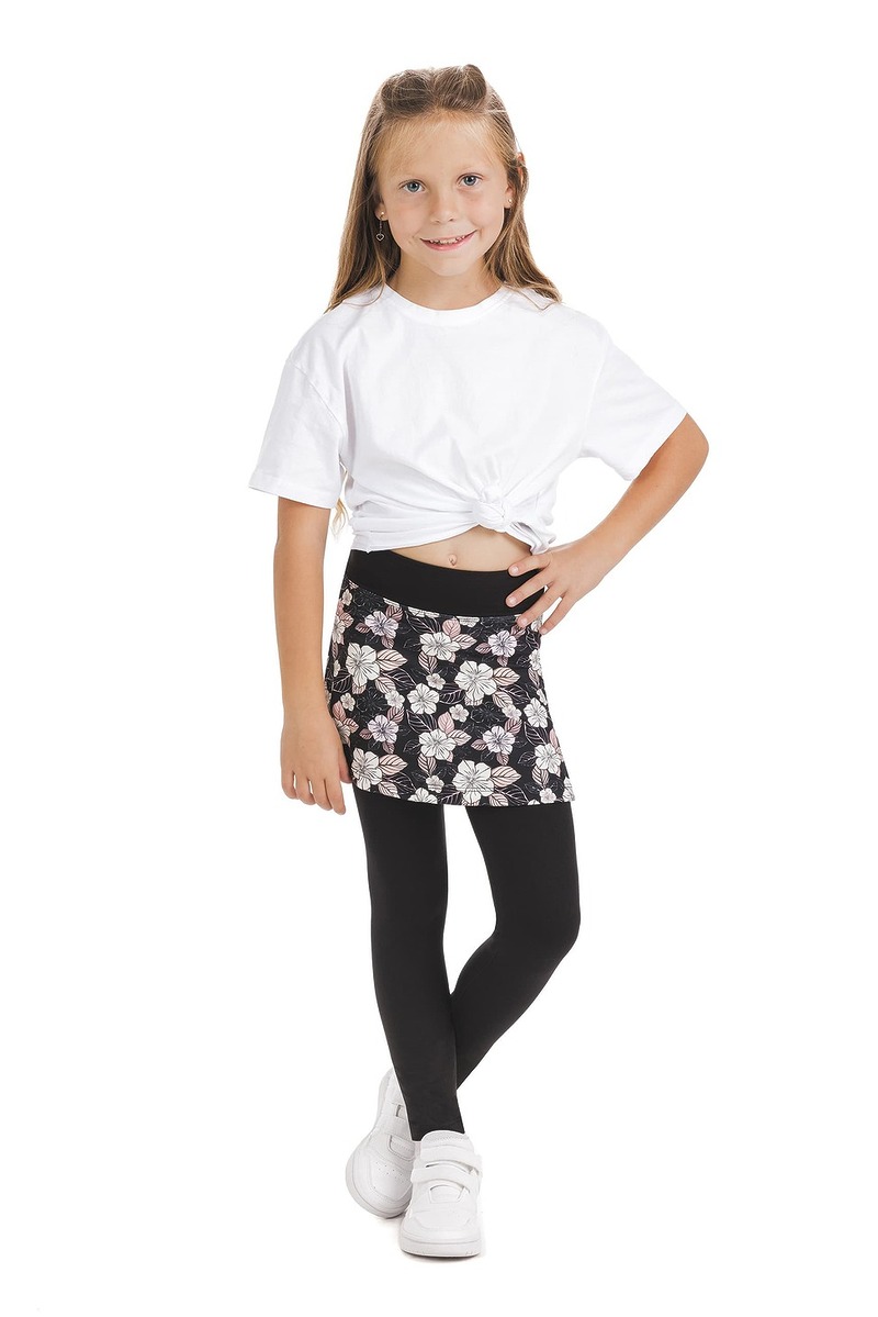 Skort Carita kids – krilo z dolgimi všitimi pajkicami s cvetličnim vzorcem v črni, beli in nežno roza barvi