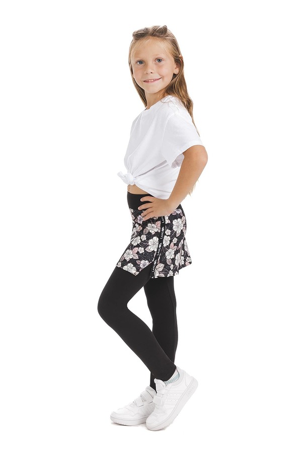 Skort Carita kids – krilo z dolgimi všitimi pajkicami s cvetličnim vzorcem v črni, beli in nežno roza barvi