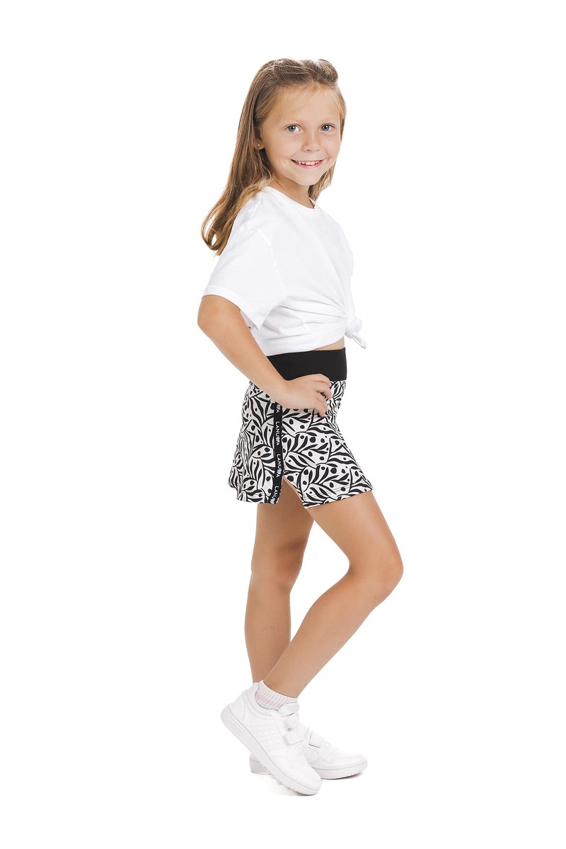 Skort Perla kids – krilo z všitimi kratkimi pajkicami z abstraktnim vzorčkom črnih listov