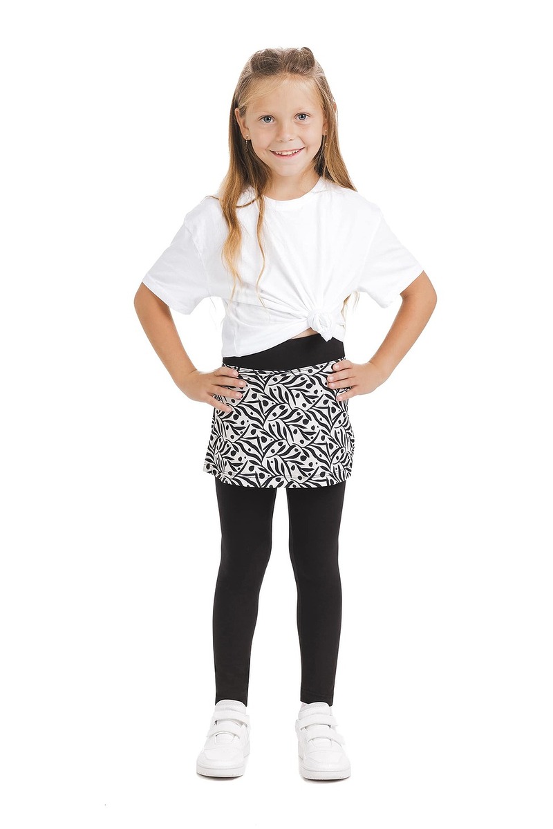 Skort Perla kids – krilo z všitimi dolgimi pajkicami z abstraktnim vzorčkom črnih listov