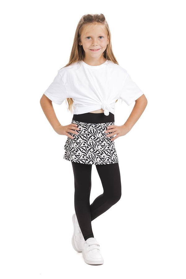 Skort Perla kids – krilo z všitimi dolgimi pajkicami z abstraktnim vzorčkom črnih listov