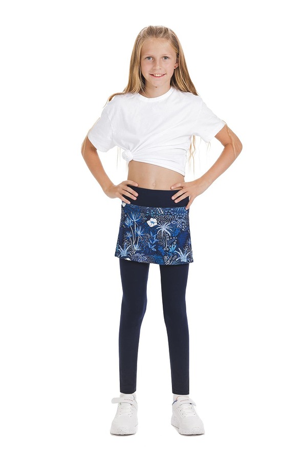 Skort Unicos kids - krilo z všitimi modrimi dolgimi pajkicami in z vzorcem rož