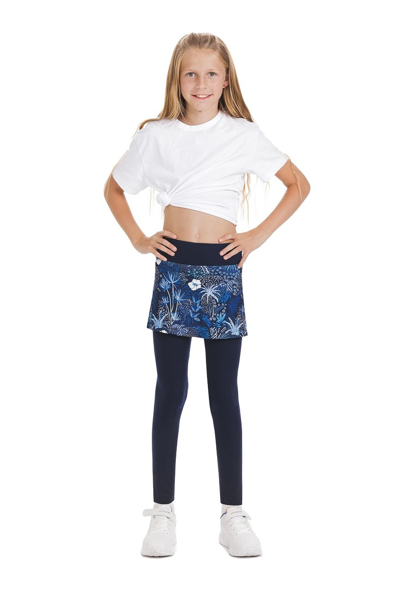Skort Unicos kids - krilo z všitimi modrimi dolgimi pajkicami in z vzorcem rož