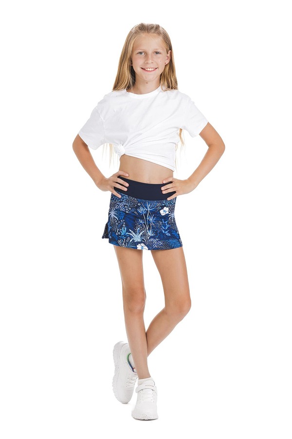 Skort Unicos kids – krilo z všitimi modrimi kratkimi pajkicami in z vzorcem rož Skort Unicos kids - krilo z všitimi modrimi kratkimi pajkicami in z vzorcem rož