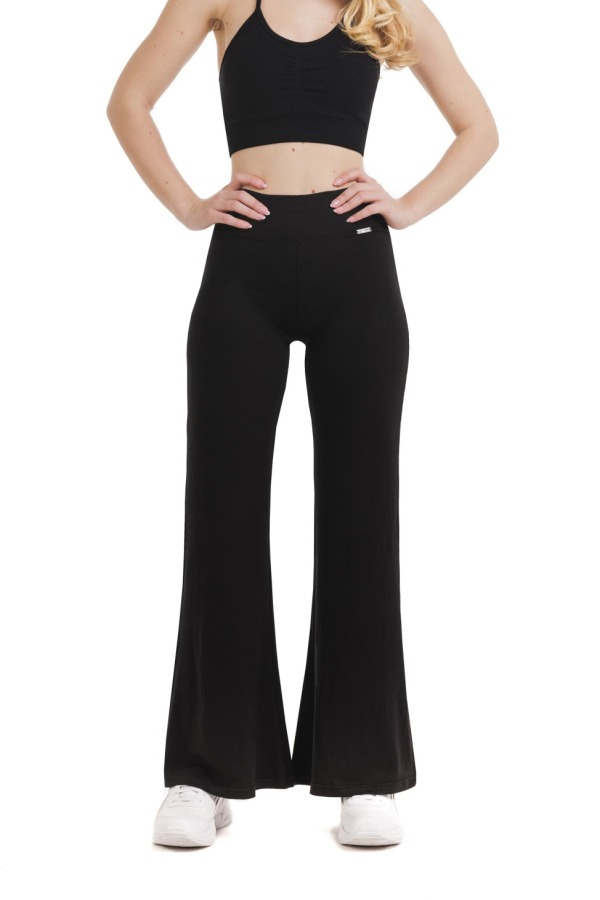 Črne dolge pajkice Suave s širokimi hlačnicami in visokim pasom