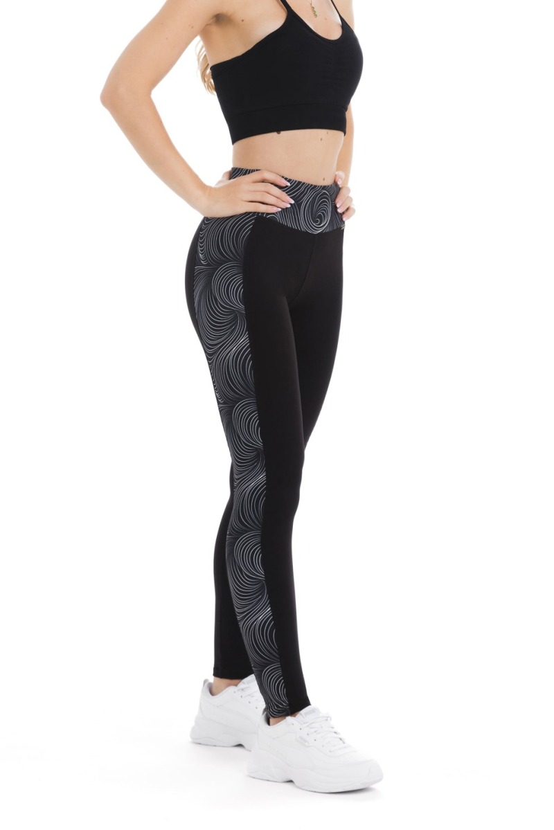 Črne dolge pajkice Donna z visokim pasom in valovitim vzorcem ob straneh ter na pasu