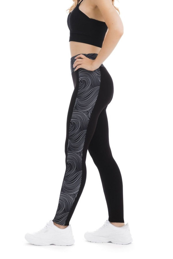 Črne dolge pajkice Donna z visokim pasom in valovitim vzorcem ob straneh ter na pasu