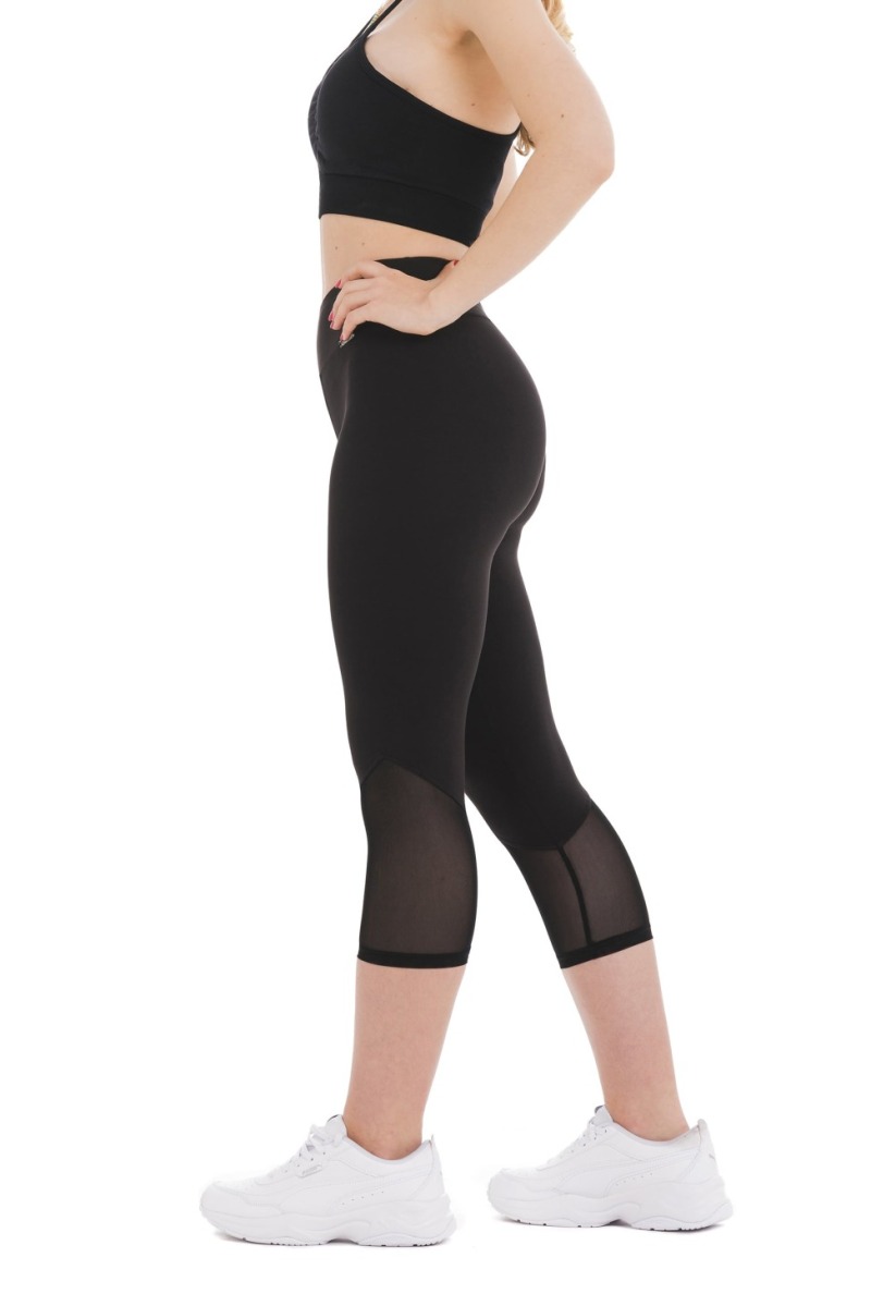 Črne capri pajkice Divina s prosojnimi mrežastimi detajli nad koleni