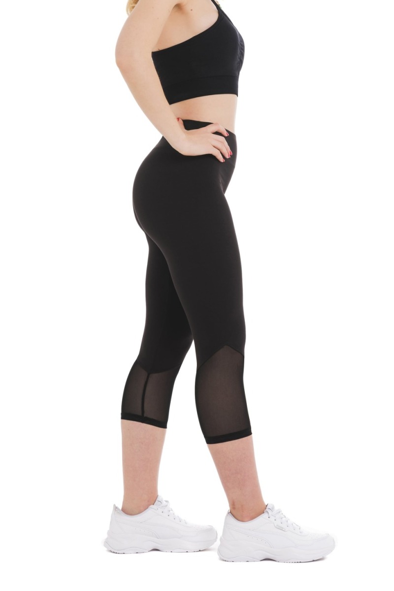 Črne capri pajkice Divina s prosojnimi mrežastimi detajli nad koleni