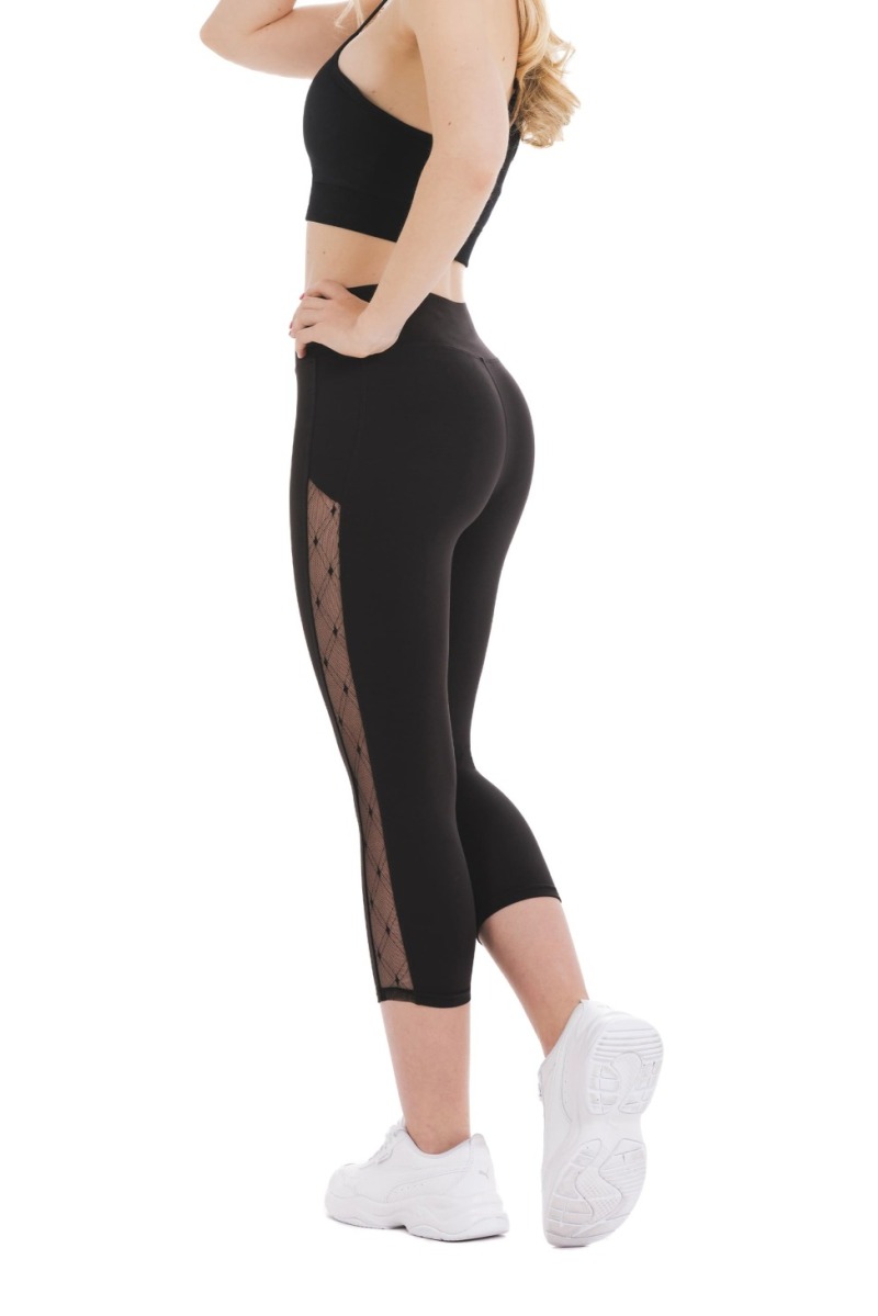 Črne capri pajkice Sombra s prosojnim mrežastim vzorcem ob straneh hlačnic