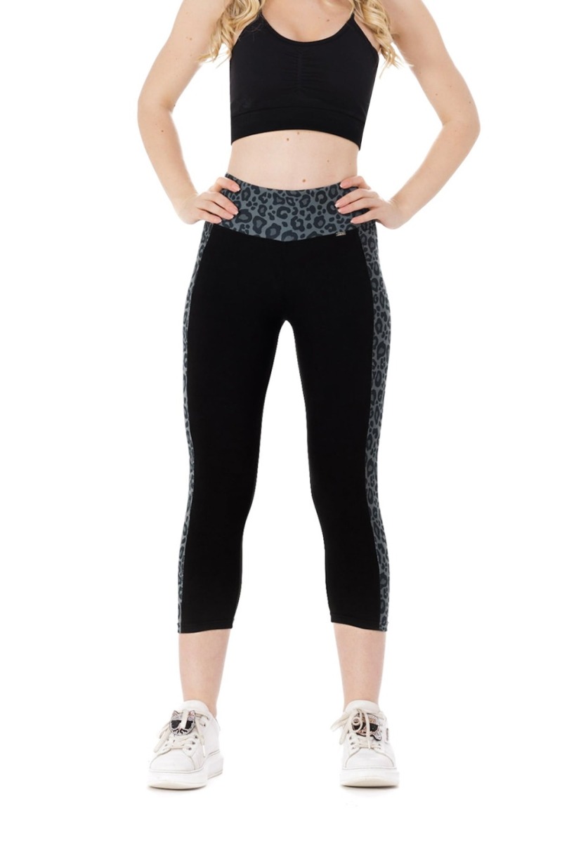 Črne capri pajkice Bella s stranskim sivim leopardjim vzorcem