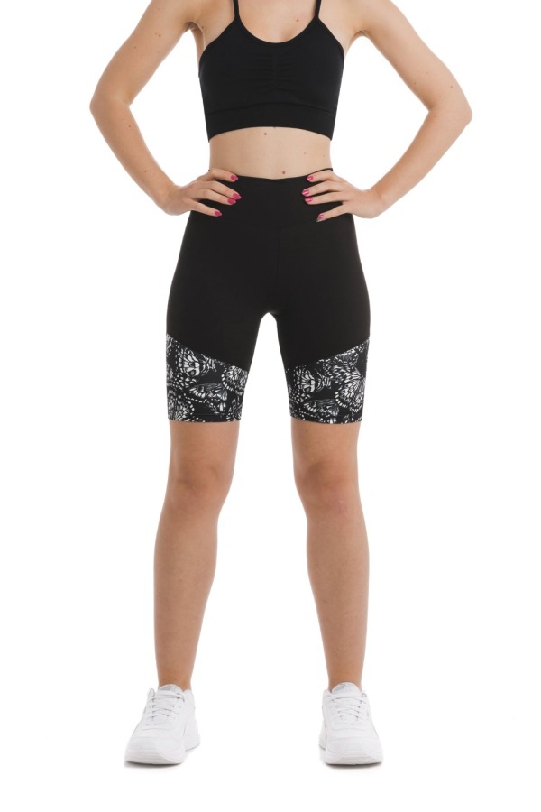 Črne kratke pajkice Brezza z belimi abstraktnimi metulji na dnu hlačnic