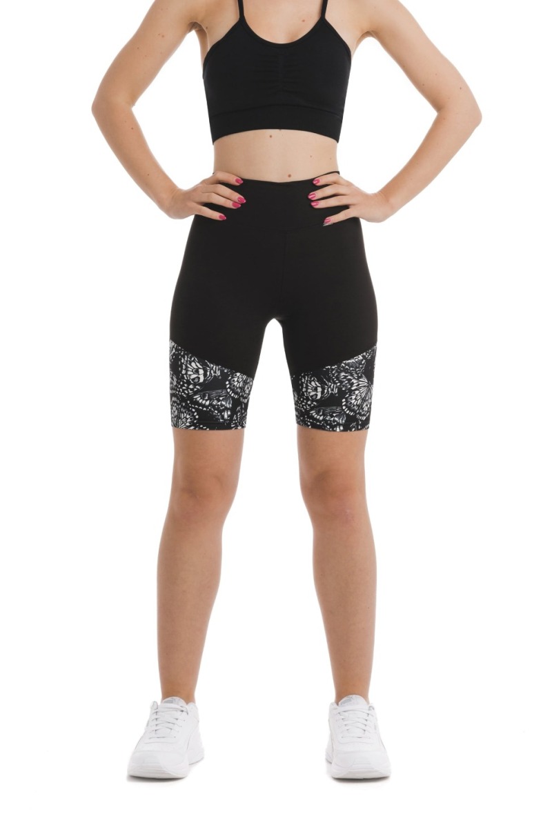 Črne kratke pajkice Brezza z belimi abstraktnimi metulji na dnu hlačnic