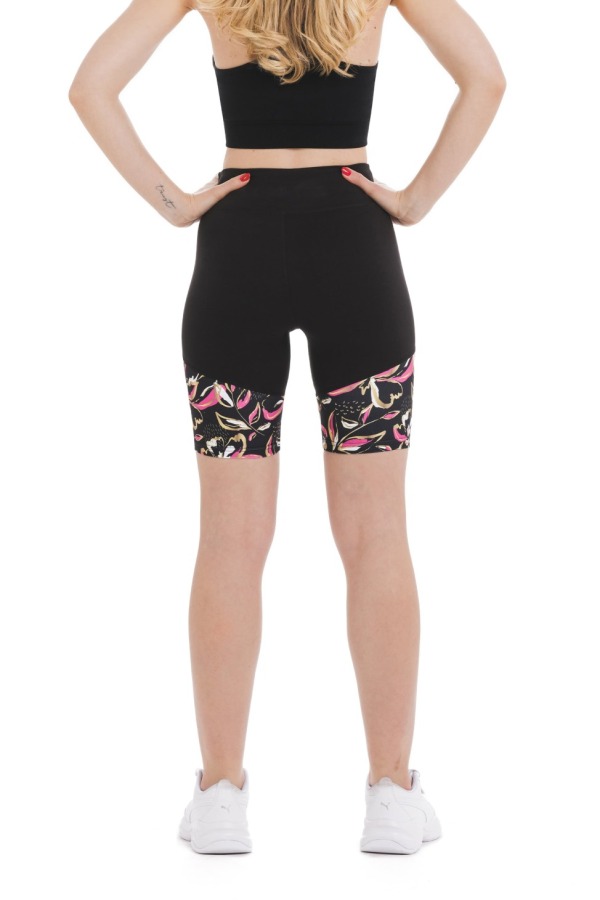 Črne kratke pajkice Brio z zlato-roza vzorcem rož na dnu hlačnic