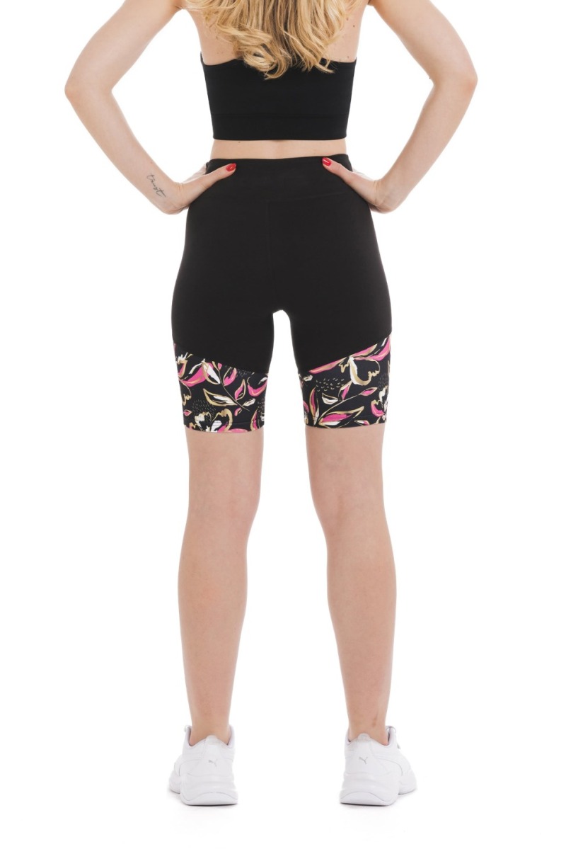 Črne kratke pajkice Brio z zlato-roza vzorcem rož na dnu hlačnic