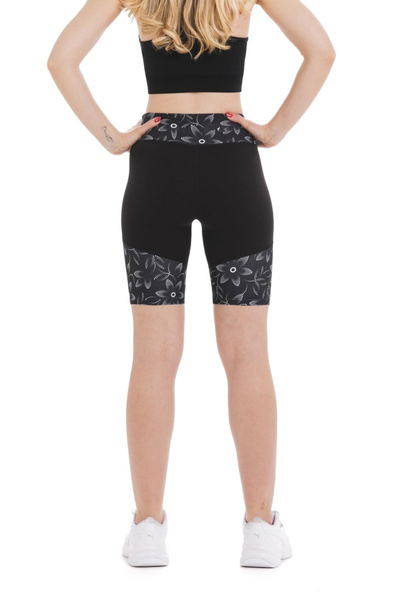 Črne kratke pajkice Dolce z visokim pasom in cvetličnim vzorcem na pasu ter spodnjem delu hlačnic