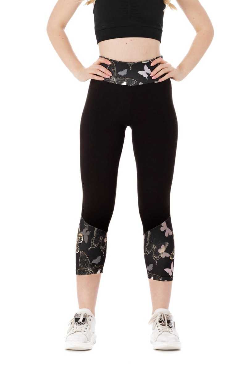 Temne capri pajkice Gold Mariposa z vzorčkom metuljčkov na dnu hlačnic in pasu za odrasle